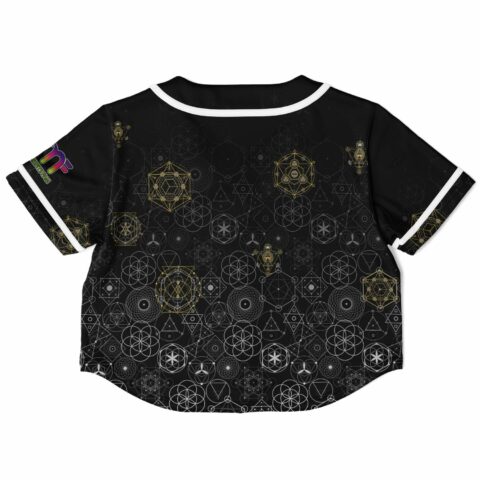 Cropped baseball jersey back with intricate designs and colorful logo