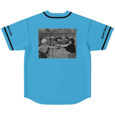 Sky blue jersey with a black-and-white vintage picnic photograph, back view on white background