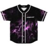 Black jersey with purple liquid marble pattern, white piping and buttons, front view