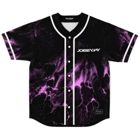 Black jersey with purple liquid marble pattern, white piping and buttons, front view