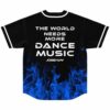 Back of black baseball jersey with blue flames and dance-themed text