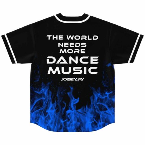 Back of black baseball jersey with blue flames and dance-themed text