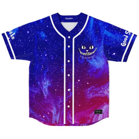 Starry galaxy front with grinning cartoon-style face, white trim, and “WE’RE ALL MAD HERE”