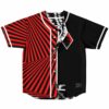 Reversible jersey featuring red-and-black op-art stripes and a solid black panel, open front view