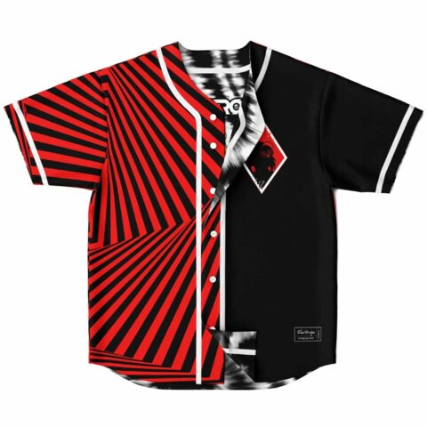 Reversible jersey featuring red-and-black op-art stripes and a solid black panel, open front view