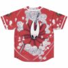 Red masked floral pattern jersey back view with large white-faced figure, roses, petals, and needle