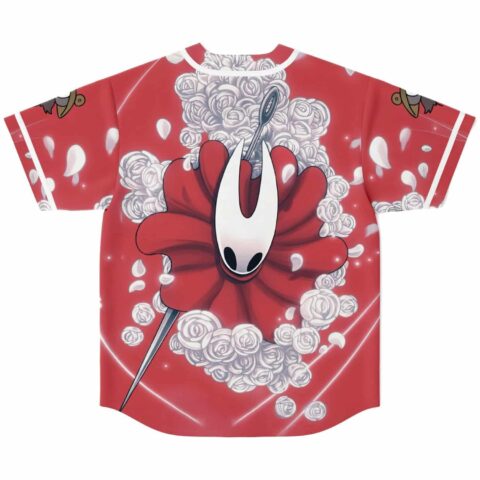 Red masked floral pattern jersey back view with large white-faced figure, roses, petals, and needle