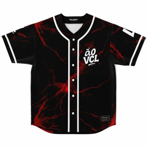 Black jersey front with red electric lightning pattern, white “ão VCL” lettering, flat on white