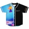 Split black and blue cartoon landscape, front view, colorful character, white piping, button closure