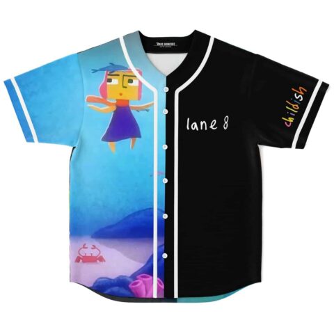 Split black and blue cartoon landscape, front view, colorful character, white piping, button closure