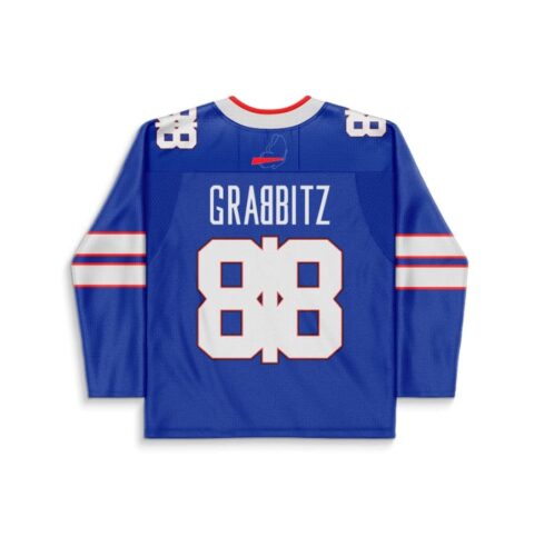 Royal blue line-art jersey back with oversized white 88 lettering and red-trimmed sleeve stripes