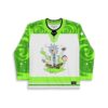 Neon acid-trip hockey jersey with cartoon-style duo artwork and green spiral sleeves, front view