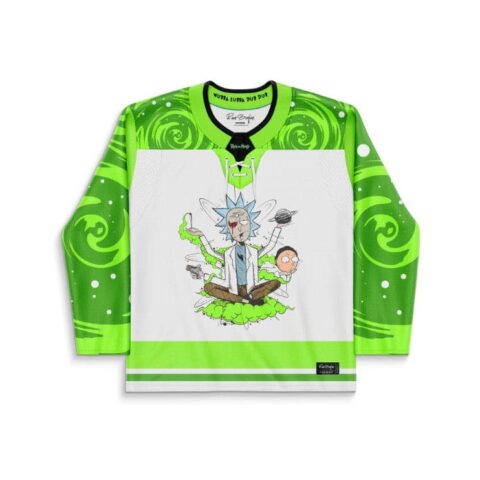 Neon acid-trip hockey jersey with cartoon-style duo artwork and green spiral sleeves, front view