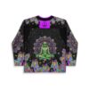 Back view of meditating alien mandala design with peace symbol, neon mushrooms, and cosmic stars