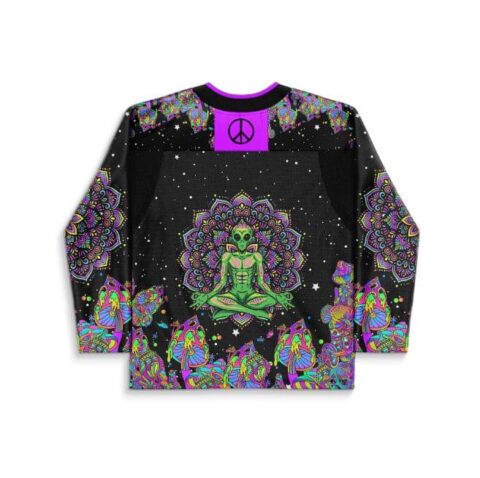 Back view of meditating alien mandala design with peace symbol, neon mushrooms, and cosmic stars