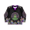 Meditating alien mandala design with neon psychedelic mushrooms and stars on black jersey
