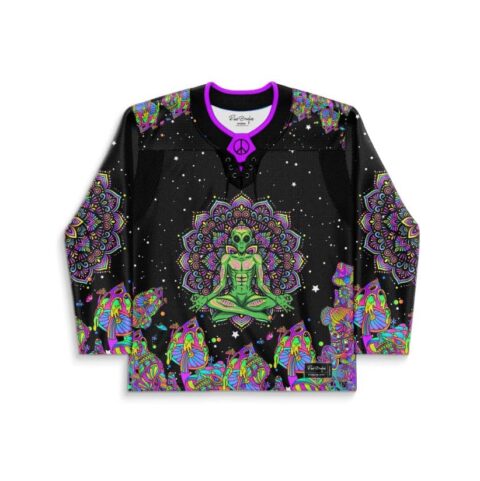 Meditating alien mandala design with neon psychedelic mushrooms and stars on black jersey