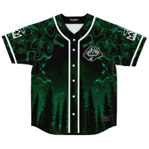 Dark misty pine forest pattern with glowing green squiggles and crown patch, front view