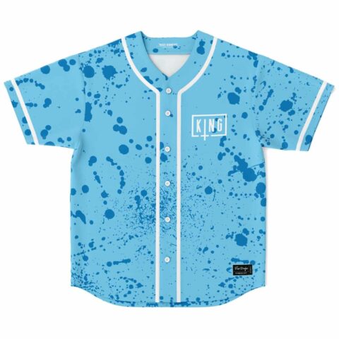 Light sky blue paint splatter jersey front with “KING” chest lettering, front view