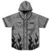 Grayscale anime-inspired collage jersey with black flames and skull emblems, front view with hood