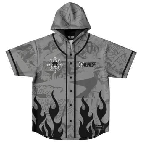 Grayscale anime-inspired collage jersey with black flames and skull emblems, front view with hood