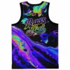 Back view of neon acid paint swirl jersey reading “Bass Kult” amid colorful festival waves