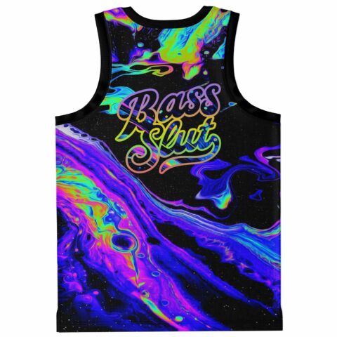 Back view of neon acid paint swirl jersey reading “Bass Kult” amid colorful festival waves
