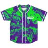 Neon green, deep purple liquid marble jersey; white piping, geometric chest logo, front