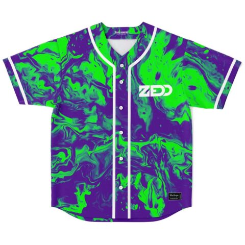Neon green, deep purple liquid marble jersey; white piping, geometric chest logo, front
