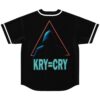 Neon hooded mystery figure inside a triangle with KRY-CRY text on the back view