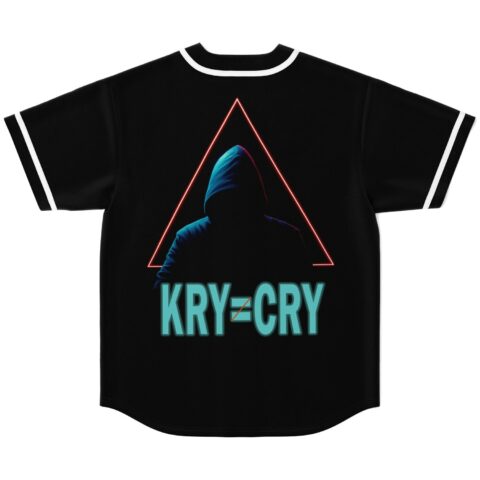Neon hooded mystery figure inside a triangle with KRY-CRY text on the back view