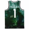 Misty green forest reflection pattern with white number 1, back view for festival wear