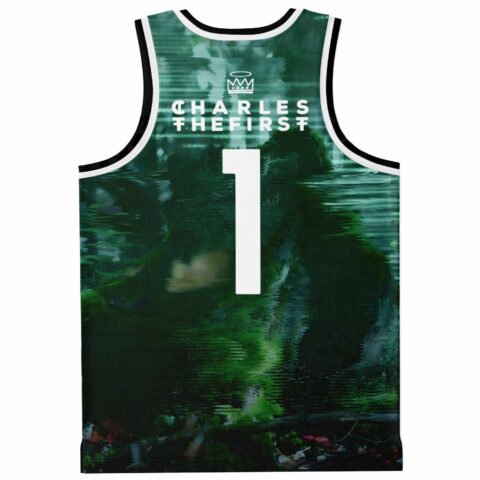 Misty green forest reflection pattern with white number 1, back view for festival wear