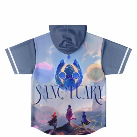 Anime-inspired fantasy scene with glowing planets and SANCTUARY text on jersey back