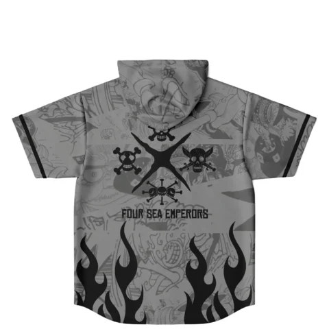 Grayscale anime-inspired collage jersey with black flames and skull emblems, back reading “FOUR SEA EMPERORS”