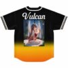 Anime-inspired seated girl artwork with large Vulcan lettering on a black-to-orange gradient jersey, back view