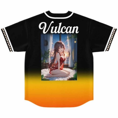 Anime-inspired seated girl artwork with large Vulcan lettering on a black-to-orange gradient jersey, back view