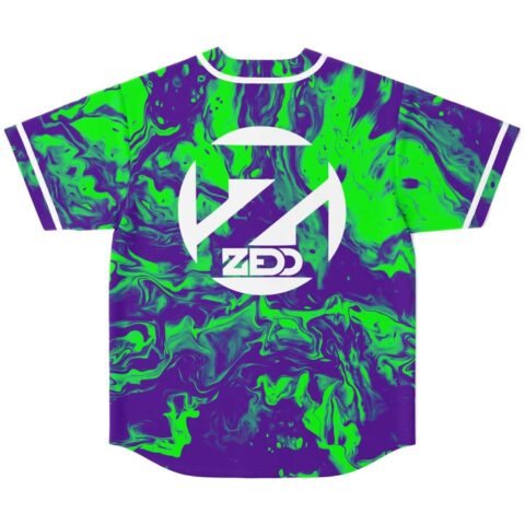 Neon green, deep purple liquid marble jersey with large white geometric emblem, back