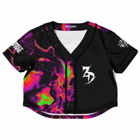 Cropped baseball jersey with vibrant galaxy pattern and black accents