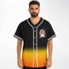 Anime-inspired eye portrait and floral sleeve trim on a black-to-orange gradient jersey, worn front view