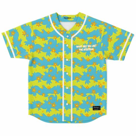 Wavy blue camouflage with orange flowers and “WHAT ARE YOU ON? THE SPECTRUM” front graphic