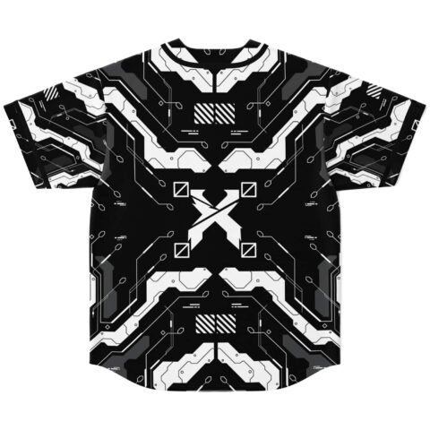 Black-and-white cyber circuit design with geometric circuitry, flat back view on white background