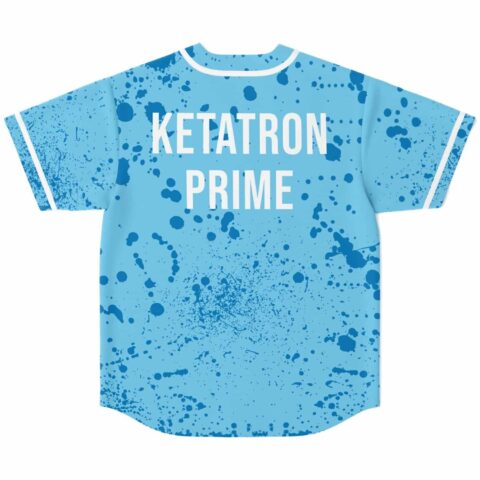 Light sky blue paint splatter jersey back with “KETATRON PRIME” lettering, shown flat from behind