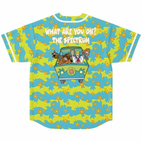 Wavy blue camouflage back with “WHAT ARE YOU ON? THE SPECTRUM” and cartoon-style van