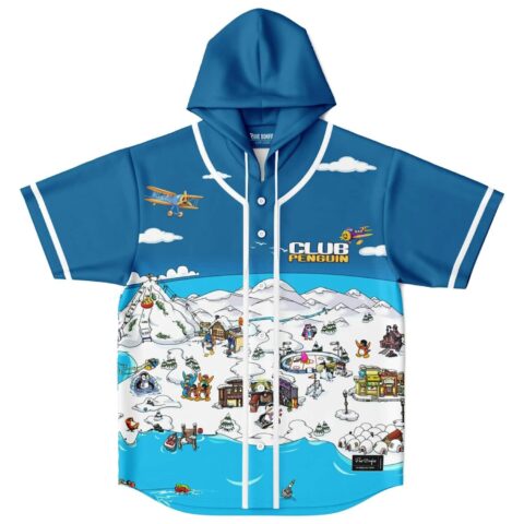 Blue and white cartoon-style snowy island print jersey with hood and airplane details, front view