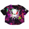 Back view of the rave cropped baseball jersey with an octopus on a marbled background
