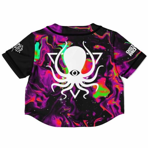 Back view of cropped baseball jersey with octopus on marbled background