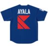 Royal blue geometric red back graphic with white AYALA lettering, flat lay on white