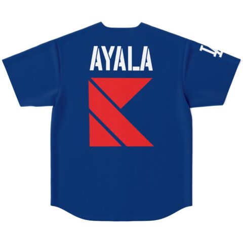 Royal blue geometric red back graphic with white AYALA lettering, flat lay on white