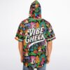 Psychedelic mushroom and eye collage hooded jersey, back view with oversized VIBE CHECK